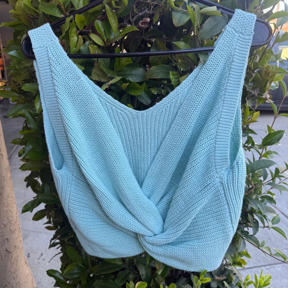 Womens L Crop Top Aqua Blue Twist chunky Knit‎ Preppy Acadamia Boho clean girl